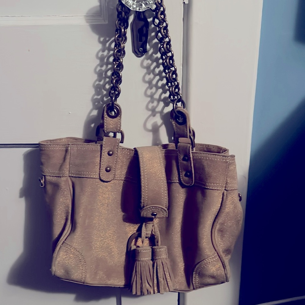 J Crew suede tan bag with gold sheen and gold tone chain straps